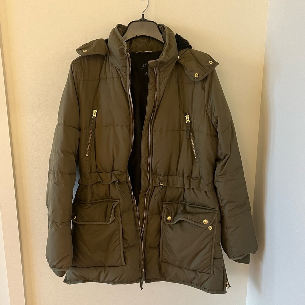 J Crew olive green winter puffer coat S